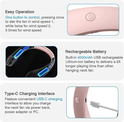 Portable Rechargeable Neck Fan – Hands-Free Bladeless Cooling Fan with 3 Speed Modes & Long Battery Timing