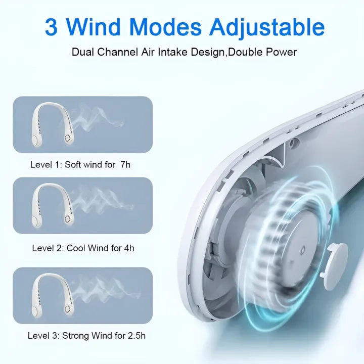 Portable Rechargeable Neck Fan – Hands-Free Bladeless Cooling Fan with 3 Speed Modes & Long Battery Timing