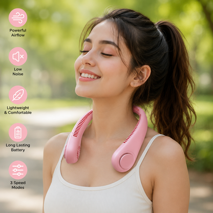 Portable Rechargeable Neck Fan – Hands-Free Bladeless Cooling Fan with 3 Speed Modes & Long Battery Timing