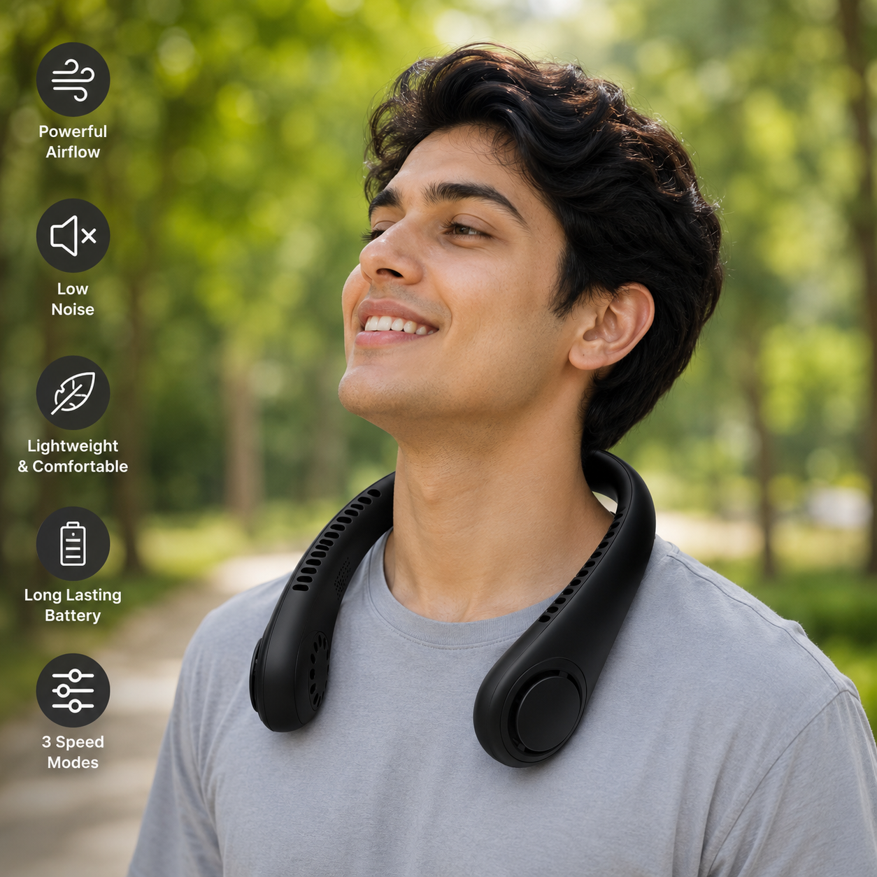 Portable Rechargeable Neck Fan – Hands-Free Bladeless Cooling Fan with 3 Speed Modes & Long Battery Timing